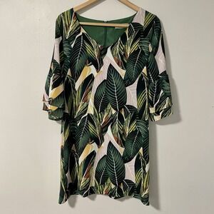 Belongsci Tropical‎ Leaf Print Ruffle Sleeve V Neck Mini Dress Women's S Green